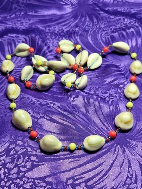 Vintage Handcrafted White Shell Beaded Necklace with Coral, Yellow Bead Accents